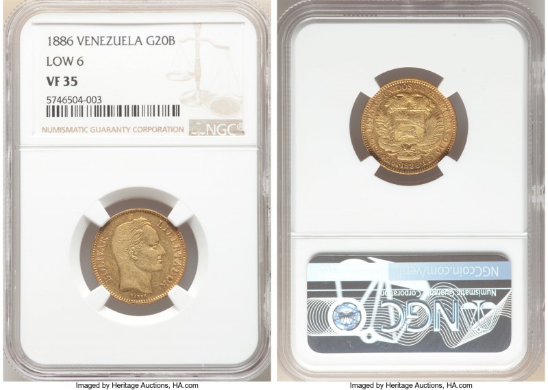 Republic gold 20 Bolivares 1886-(c) VF35 NGC, Caracas mint, KM-Y32. Low 6 variet...