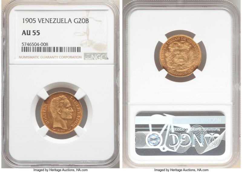 Republic gold 20 Bolivares 1905 AU55 NGC, KM-Y32. AGW 0.1867 oz. 

HID09801242...