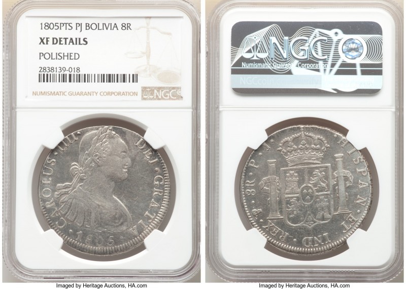 Pair of Certified Spanish Colonial 8 Reales NGC, 1) Bolivia: Charles IV 8 Reales...