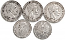 Münzen Ausland Deutschland II. Deutsches Kaiserreich 1871 - 1918 LOT 5 Stück 5 und 3 Mark ges. 116,65g ss+ - vz