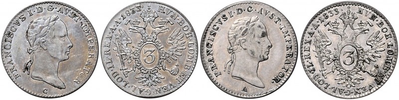 Münzen Kaisertum Österreich Franz I. 1804 - 1835 LOT 2 Stück, 3 Kreuzer 1833 A u...