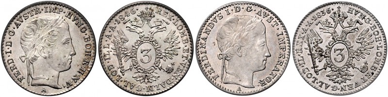 Münzen Kaisertum Österreich Ferdinand I. 1835 - 1848 LOT 2 Stück, 3 Kreuzer 1836...
