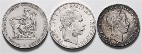 Münzen Kaisertum Österreich Franz Joseph I. 1848 - 1916 LOT 3 Stück, Vereinstaler 1857 A, Doppelgulden 1884 und Doppelgulden 1879 Hochzeit ges. 68,19g...