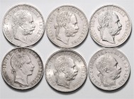 Münzen Kaisertum Österreich Franz Joseph I. 1848 - 1916 LOT 6 Stück 1 Gulden ges. 74,14g vz - stgl