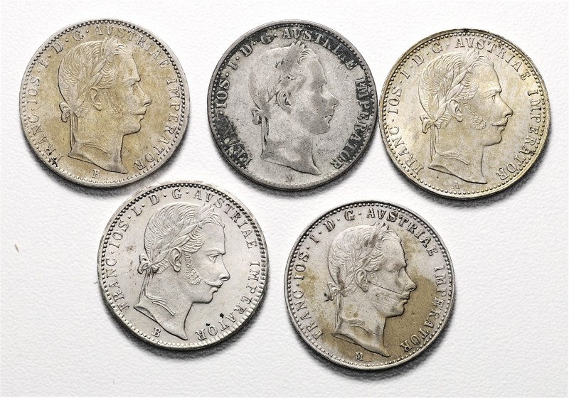 Münzen Kaisertum Österreich Franz Joseph I. 1848 - 1916 LOT 5 Stück 1/4 Gulden g...