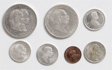 Münzen Kaisertum Österreich Franz Joseph I. 1848 - 1916 LOT 7 Stück, diverse 1/4 Gulden, Kronen und 2 Gulden 1879 Silberhochzeit ges. 71,00g vz - stgl...