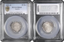 Münzen Kaisertum Österreich Franz Joseph I. 1848 - 1916 LOT 4 Stück, 20 Kreuzer 1853 A (PCGS MS 64), 20 Kreuzer 1852 A, 20 Kreuzer 1855 B und 1856 B s...