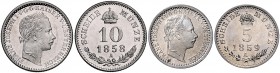 Münzen Kaisertum Österreich Franz Joseph I. 1848 - 1916 LOT 2 Stück, 5 Kreuzer 1859 A, 10 Kreuzer 1858 A, Gulden 1862 A ges. 3,38g stgl