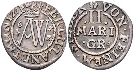 Deutschland vor 1871 Braunschweig- Wolfenbüttel August der Jüngere 1635 - 1666 2 Mariengroschen 1654 Goslar Monogramm aus A. W. Welter 849 1,12g ss