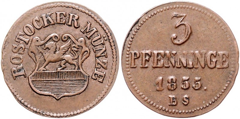 Deutschland vor 1871 Mecklenburg-Rostock Cu 3 Pfennig 1855 BS kleines Wappen und...