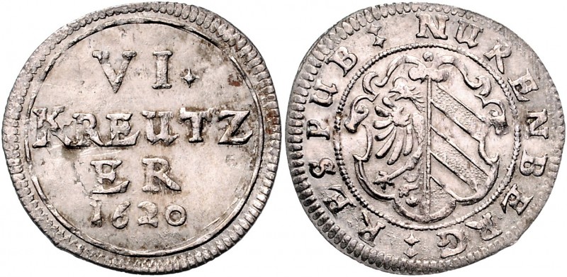 Deutschland vor 1871 Nürnberg Stadt Kipper 6 Kreuzer 1620 Kellner 191 2,07g ss/v...