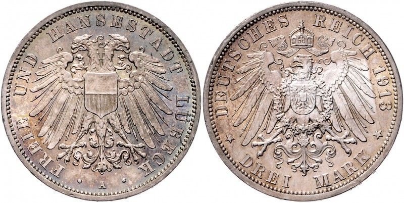 II. Deutsches Kaiserreich 1871 - 1918 Lübeck 3 Mark 1913 J. 82 16,68g vz