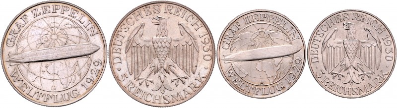 Weimarer Republik 1919 - 1933 3 Mark, 5 Mark 1930 A + G Zeppelin J. 342 14,96g v...