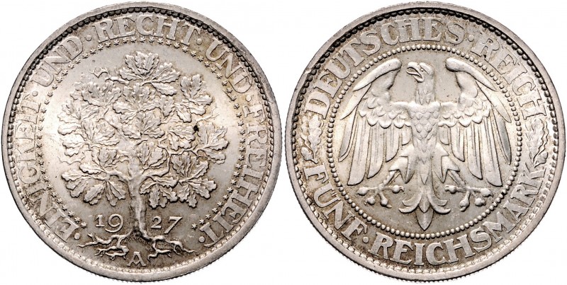 Weimarer Republik 1919 - 1933 Kursmünzen 5 Mark 1927 A Eichbaum J. 331 25,03g f....