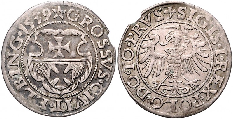 Polen Elbing Sigismund I. von Polen 1506- 1548 Groschen 1539 Stadtschild; oben S...