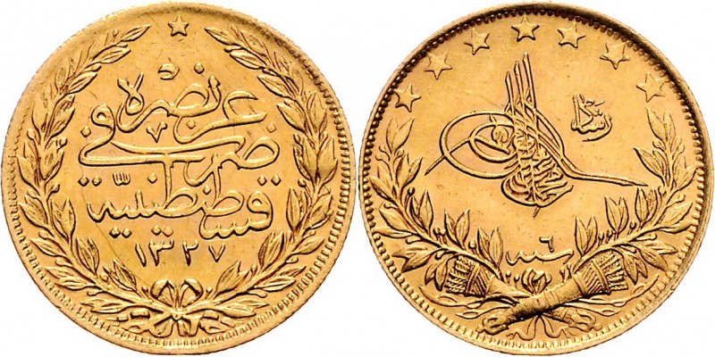 Türkei Muhammad V. 1909 - 1918 100 Kurush 1911 (AH 1327 Jahr 3) Qustantiniyah KM...