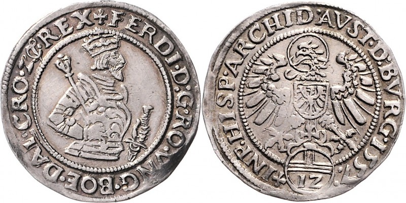 Ferdinand I. 1521 - 1564 12 Kreuzer (Pfundner) 1557 Hall M./T. 129, Markl 1695. ...