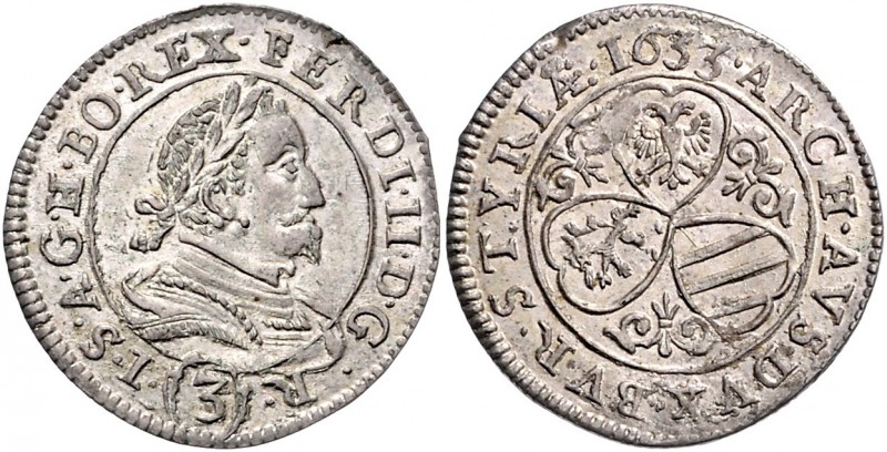 Ferdinand II. 1619 - 1637 3 Kreuzer 1633 Graz Her. 1095 1,91g vz/stgl