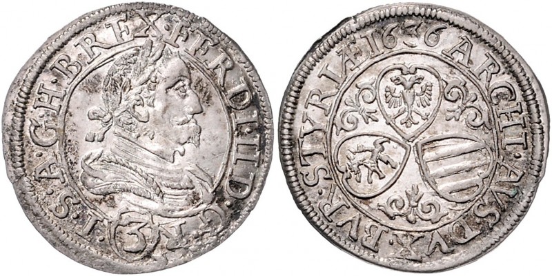 Ferdinand II. 1619 - 1637 3 Kreuzer 1636 Graz Her. 1098 1,95g vz/stgl