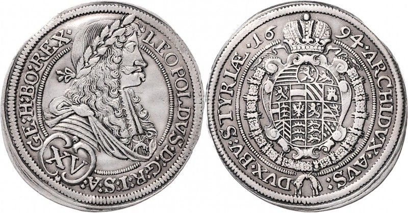 Leopold I. 1657 - 1705 15 Kreuzer 1694 Graz Her. 954 6,27g f.vz