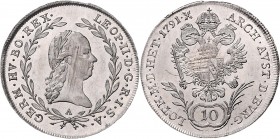 Leopold II. 1790 - 1792 10 Kreuzer 1791 A Wien min. justiert! Her. 75 3,93g stgl