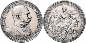 Franz Joseph I. 1848 - 1916 Silbermedaille 1888 Wien von Scharff Anton, Medaille 1888 auf die Int. Jubiläums-Kunstausstellung in Wien. Brb. Ks. Franz ...