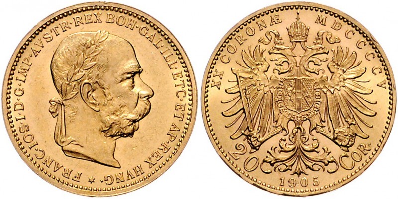 Franz Joseph I. 1848 - 1916 20 Kronen 1905 Wien Fr. 1937 6,79g stgl