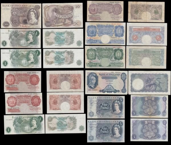 Bank of England (18) Accumulation of various denomination examples from the Brit...