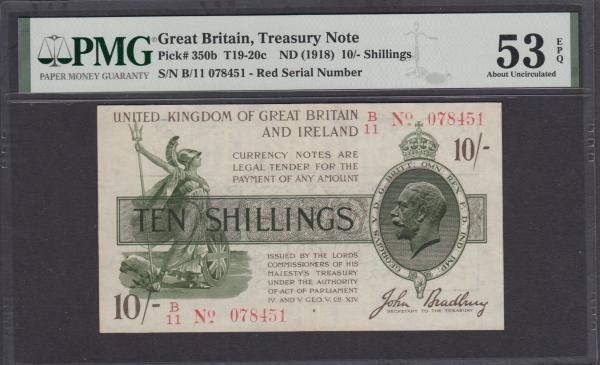 Ten Shillings Bradbury Third Issue T20 Red Dash in No. in serial number issue 16...