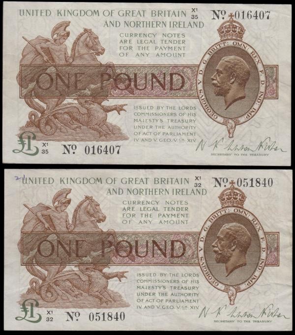 One Pounds Fisher Third Issue T34 Northern Ireland in title Dot in No. Brown, Pu...