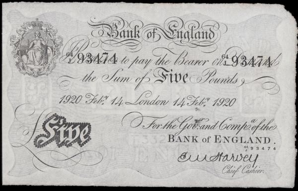 Five Pounds Harvey White Note B209a bearing the Valentine's Day date 100 Years a...