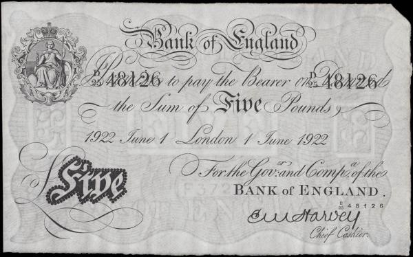 Five Pounds Harvey White Note B209a dated 1st June 1922 serial number D/25 48126...