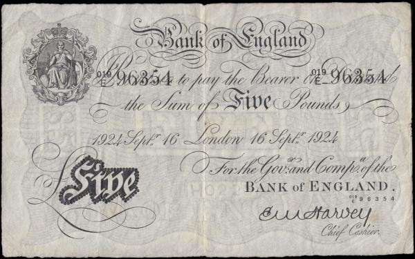 Five Pounds&nbsp;Harvey&nbsp;White&nbsp;note&nbsp;B209a&nbsp;a later dated 16th ...