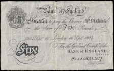 Five Pounds&nbsp;Harvey&nbsp;White&nbsp;note&nbsp;B209a&nbsp;a later dated 16th September 1924 with the 3 digit over letter fractional prefix serial n...