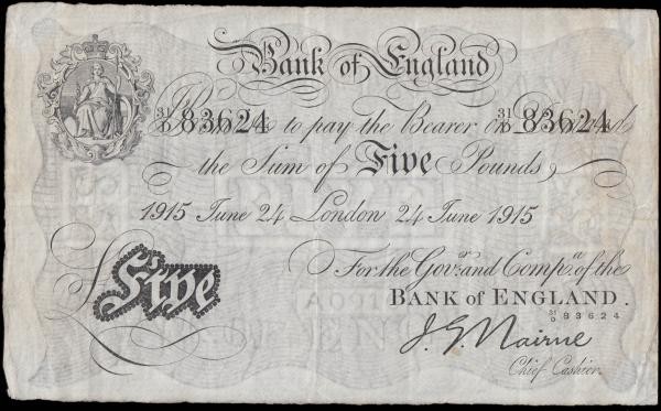 Five Pounds Nairne White Note B208b dated 24th June 1915 serial number 31/D 8362...