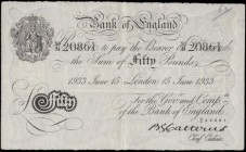 Fifty Pounds Catterns White note World War II German Operation BERNHARD forgery B231OB dated 15th June 1933 serial number 50/N 20861, presentable VF -...