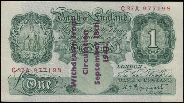 One Pound Peppiatt World War II Guernsey overprint B239A Green Britannia medalli...