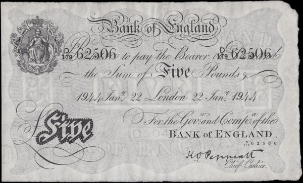 Five Pounds Peppiatt White note B241 LONDON branch issue dated 22nd January 1944...