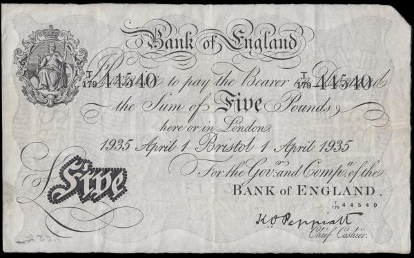 Five Pounds Peppiatt White note B241b BRISTOL branch issue dated 1st April 1935 ...