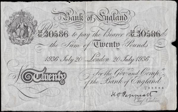 Twenty Pounds Peppiatt White note B243 LONDON branch issue dated 20th July 1936 ...