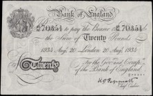 Twenty Pounds Peppiatt White note World War II German Operation BERNHARD forgery B243 dated 20th August 1934 serial number 48/M 70351, GVF with multip...