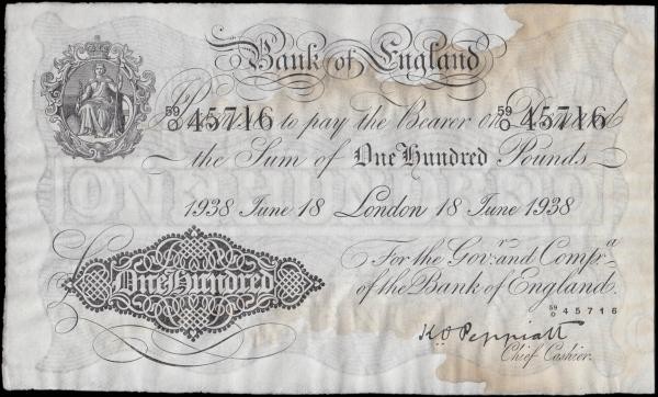 One Hundred Pounds Peppiatt First Period White Note B245 Unthreaded issue dated ...