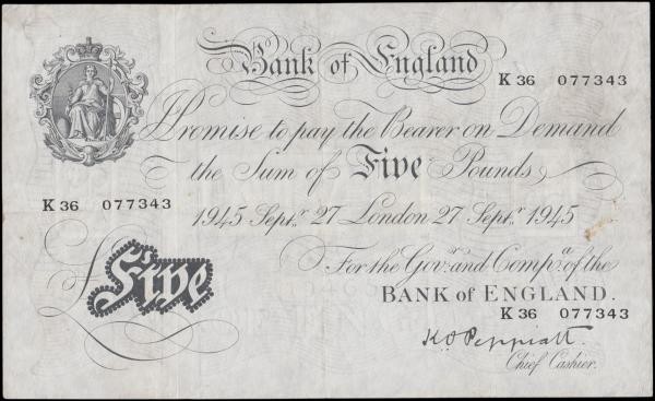 Five Pounds Peppiatt White note B255 Thick paper Metal thread LONDON branch issu...
