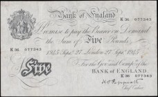 Five Pounds Peppiatt White note B255 Thick paper Metal thread LONDON branch issue dated 27th September 1945 serial number K36 077343, VF lightly press...