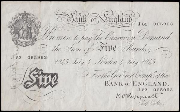 Five Pounds Peppiatt White note B255 Thick paper Metal thread LONDON branch issu...