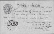 Five Pounds Peppiatt White note B264 Post-war Thin paper Metal thread LONDON branch issue dated 12th June 1947 serial number M42 075862, a pleasing ve...