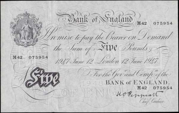 Five Pounds Peppiatt White note B264 Post-war Thin paper Metal thread LONDON bra...