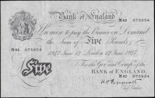 Five Pounds Peppiatt White note B264 Post-war Thin paper Metal thread LONDON branch issue dated 12th June 1947 serial number M42 075954, a pleasing ve...