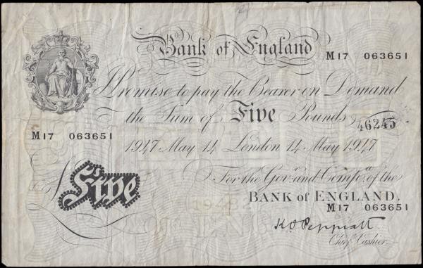 Five Pounds Peppiatt White note B264 Post-war Thin paper Metal thread LONDON bra...