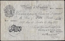 Five Pounds Peppiatt White note B264 Post-war Thin paper Metal thread LONDON branch issue dated 14th May 1947 serial number M17 063651, good Fine - ab...